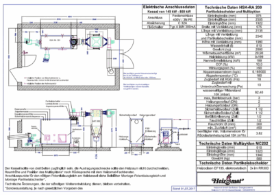 Rysunek techniczny kotła na trociny i zrębkę Heizomat HSK-RA 200 kW, wymiary zabudowy i dane przyłączeniowe, separator cząstek i multicyklon