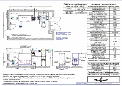 Rysunek techniczny kotła na trociny i zrębkę Heizomat HSK-RA 200 kW, wymiary zabudowy i dane przyłączeniowe, separator, multicyklon i odpylanie osobne