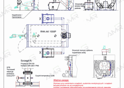 Rysunek techniczny kotła RHK-AK 1000 P na zrębkę drzewną i leśną, także o zmiennej jakości, moc 1000 kW, przyłącza i osprzęt