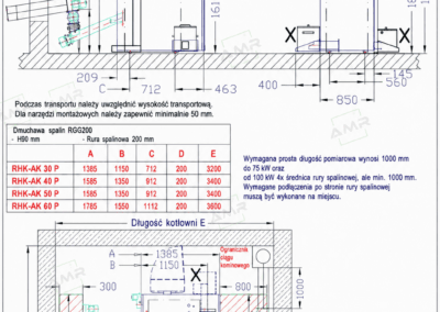 Rysunek techniczny kotła RHK-AK 30-60 P na zrębkę drzewną i leśną, także o zmiennej jakości, moc 30 do 60 kW, wymiary kotłowni