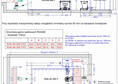 Rysunek techniczny kotła RHK-AK 600-800 P na zrębkę drzewną i leśną, także o zmiennej jakości, moc 600 do 800 kW, wymiary kotłowni