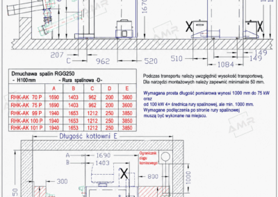 Rysunek techniczny kotła RHK-AK 70-101 P na zrębkę drzewną i leśną, także o zmiennej jakości, moc 70 do 100 kW, wymiary kotłowni