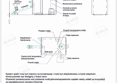 Rysunek techniczny kotła RHK-AK 70-101 P na zrębkę drzewną i leśną, także o zmiennej jakości, moc 70 do 100 kW, przyłącza i osprzęt